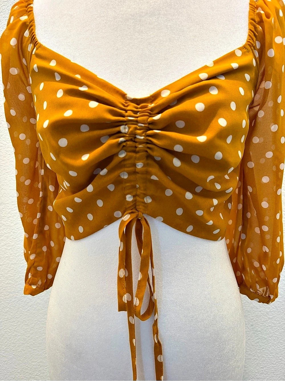RE:NAMED Polka Dot Ruched Drawstring Crop Top Mustard Yellow and White S